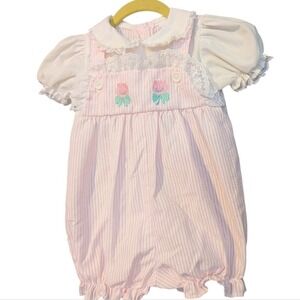 Vintage Pink White Seersucker Striped Baby Romper with Embroidered Cats & Ruffle